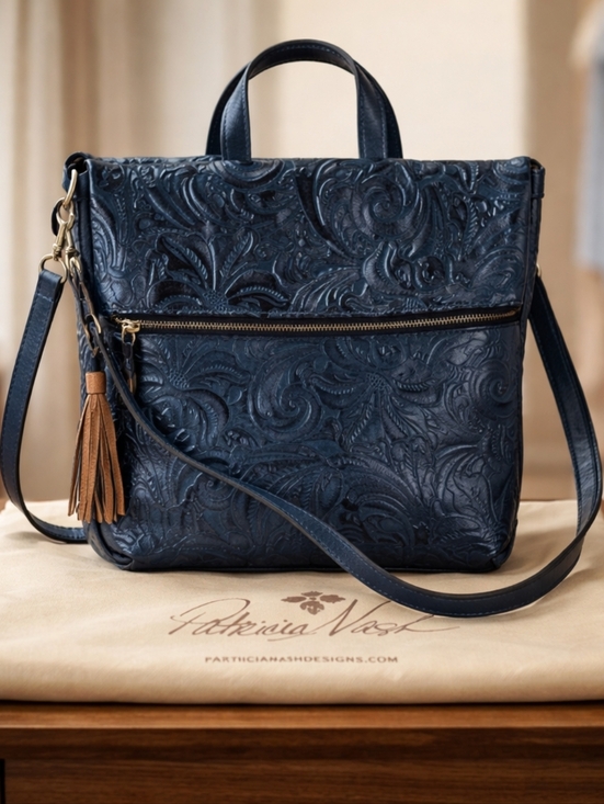 Patricia Nash Handbags - Patricia Nash Navy Embossed Leather Crossbody with Tan Tassel